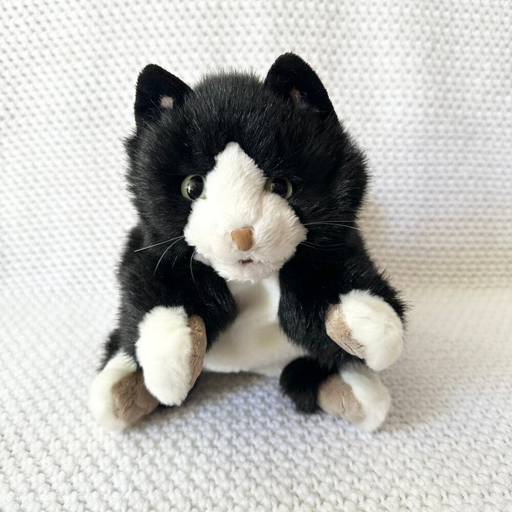 Folkmanis Tuxedo Kitten 8" Soft Plush Black White Tan Hand Puppet Stuffed Animal